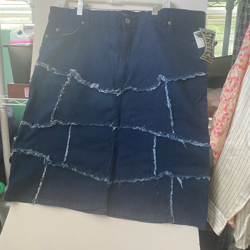 Desire Dark Wash Patchwork Denim Midi Skirt Frayed Raw Edge Seams Stretch Blue